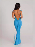 Women pleated sexy Backless Suspender Solid Maxi Bodycon Dress