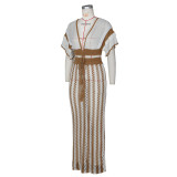 Summer Women sexy V-neck hollow striped knitting Top and Long Skirt