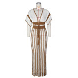 Summer Women sexy V-neck hollow striped knitting Top and Long Skirt