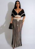 Summer Women sexy V-neck hollow striped knitting Top and Long Skirt