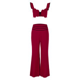 Women summer Holidays Solid sexy suspender Top and Casual Wide Leg Pants Two-Piece Set