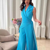 Women Summer Turndown Collar Solid Wide Leg Jumpsuit