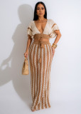 Summer Women sexy V-neck hollow striped knitting Top and Long Skirt