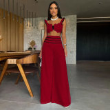 Women summer Holidays Solid sexy suspender Top and Casual Wide Leg Pants Two-Piece Set