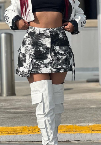Women Multi-Pocket Print Bodycon Skirt