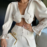 Women Solid Long Sleeve V-Neck Backless Top and Wide Leg Pants Two-Piece Set