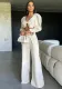 Women Solid Long Sleeve V-Neck Backless Top and Wide Leg Pants Two-Piece Set