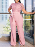 Women's Sexy Lace Hollow Short Sleeve Belt High Waist Wide Leg Jumpsuit