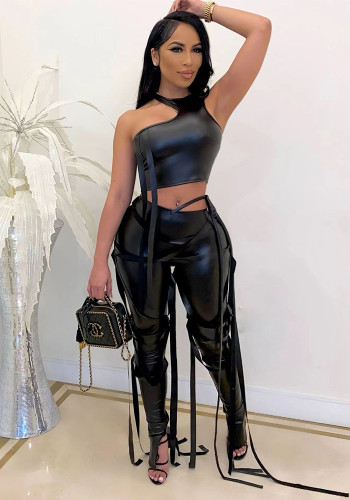 Women's Sexy Pu Leather Lace-Up Vest Pants Nightclub Summer Two-Piece Set