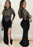 Fashion Women Beaded See Through Mesh Slit Long Dress