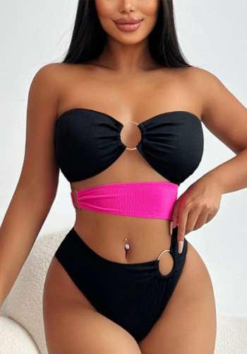 Contrast Color Strapless One-Piece Sexy Swimsuit