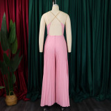 Summer Fashion Sexy Chain Halter Neck Sexy Low Back High Waist Wide Leg Pleated Jumpsuit