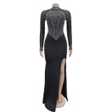 Fashion Women Beaded See Through Mesh Slit Long Dress