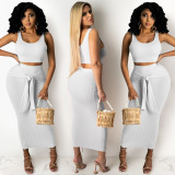 Summer Fashion Casual Solid Color Vest Tight Fitting Long Skirt Women Two-Piece Set