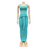 Summer Fashion Casual Solid Color Vest Tight Fitting Long Skirt Women Two-Piece Set