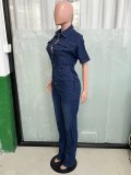 Casual Short Sleeve Button Elastic Denim Jumpsuit