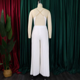 Summer Fashion Sexy Chain Halter Neck Sexy Low Back High Waist Wide Leg Pleated Jumpsuit