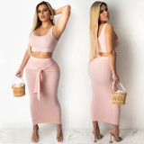 Summer Fashion Casual Solid Color Vest Tight Fitting Long Skirt Women Two-Piece Set