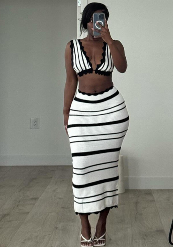 Summer Lace-Up Deep V Low Back Tops High Waist Slim Striped Skirt Two Piece Set