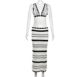 Summer Lace-Up Deep V Low Back Tops High Waist Slim Striped Skirt Two Piece Set