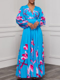 Women's V-Neck Long Sleeve Printed Pleated Chic Long Dress