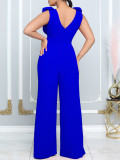 Women's Fashion Sexy Solid Color V-Neck Sleeveless Slim Waist Wide Leg Jumpsuit