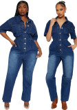 Casual Short Sleeve Button Elastic Denim Jumpsuit