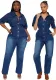 Casual Short Sleeve Button Elastic Denim Jumpsuit