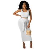 Summer Fashion Casual Solid Color Vest Tight Fitting Long Skirt Women Two-Piece Set