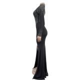 Fashion Women Beaded See Through Mesh Slit Long Dress