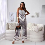 Fashionable Printed Strap Vest Wide Leg Pants Two Piece Set Women's Clothing