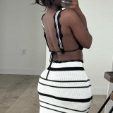Summer Lace-Up Deep V Low Back Tops High Waist Slim Striped Skirt Two Piece Set