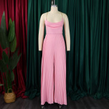 Summer Fashion Sexy Chain Halter Neck Sexy Low Back High Waist Wide Leg Pleated Jumpsuit