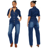 Casual Short Sleeve Button Elastic Denim Jumpsuit