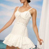 Summer Style Embroidery Sexy Strap Ruffle Slim Waist Women Short Dress