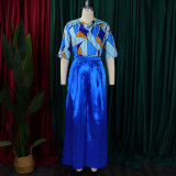 Women's Printed Short Sleeve Shirt Casual Loose Wide Leg Pants African Two-Piece Suit