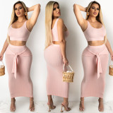 Summer Fashion Casual Solid Color Vest Tight Fitting Long Skirt Women Two-Piece Set