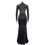 Fashion Women Beaded See Through Mesh Slit Long Dress