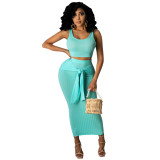 Summer Fashion Casual Solid Color Vest Tight Fitting Long Skirt Women Two-Piece Set