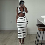 Summer Lace-Up Deep V Low Back Tops High Waist Slim Striped Skirt Two Piece Set