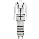 Summer Lace-Up Deep V Low Back Tops High Waist Slim Striped Skirt Two Piece Set