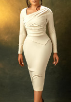 African Women's Fashion Chic Slash Shoulder Pleated Bodycon Dress