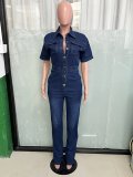 Casual Short Sleeve Button Elastic Denim Jumpsuit