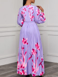 Women's V-Neck Long Sleeve Printed Pleated Chic Long Dress