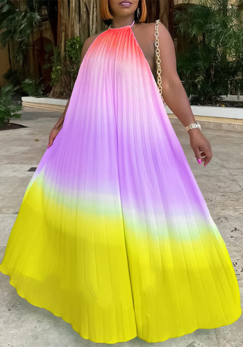 Fashion Gradient Color Halter Neck Pleated Loose Long Dress