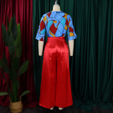 Women's Printed Short Sleeve Shirt Casual Loose Wide Leg Pants African Two-Piece Suit