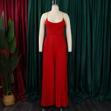 Summer Fashion Sexy Chain Halter Neck Sexy Low Back High Waist Wide Leg Pleated Jumpsuit