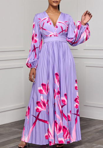 Women's V-Neck Long Sleeve Printed Pleated Chic Long Dress
