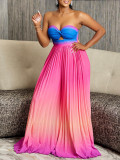 Women's Summer Sexy Strapless Low Back Fashion Gradient Color Wide Leg Jumpsuit