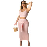 Summer Fashion Casual Solid Color Vest Tight Fitting Long Skirt Women Two-Piece Set